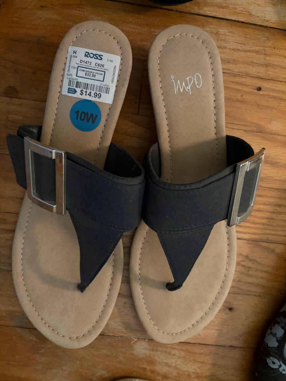 Impo Blue Thong Sandals with Tan Footbed and Silver Buckles